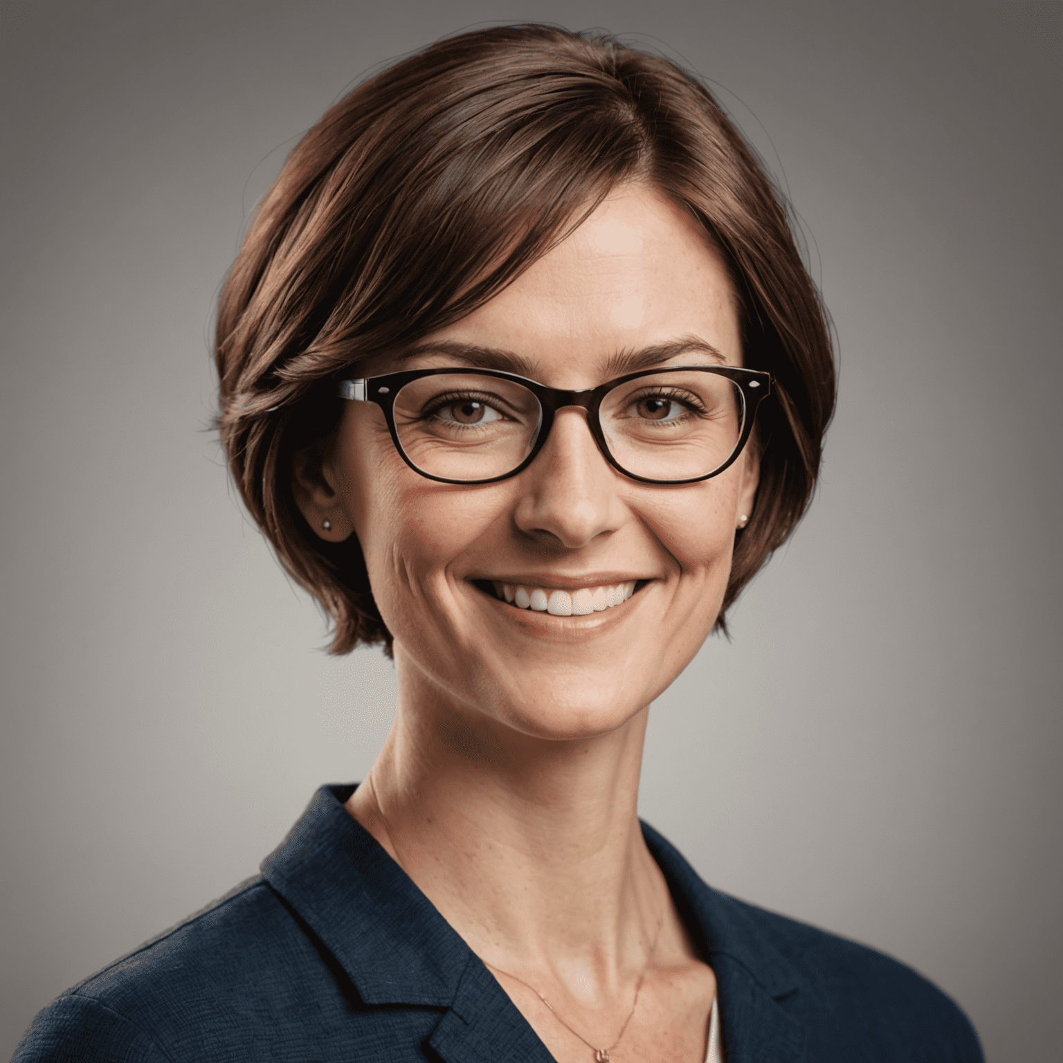 Portrait of Anna Schmidt, a woman in her 30s with short brown hair and glasses, smiling at the camera