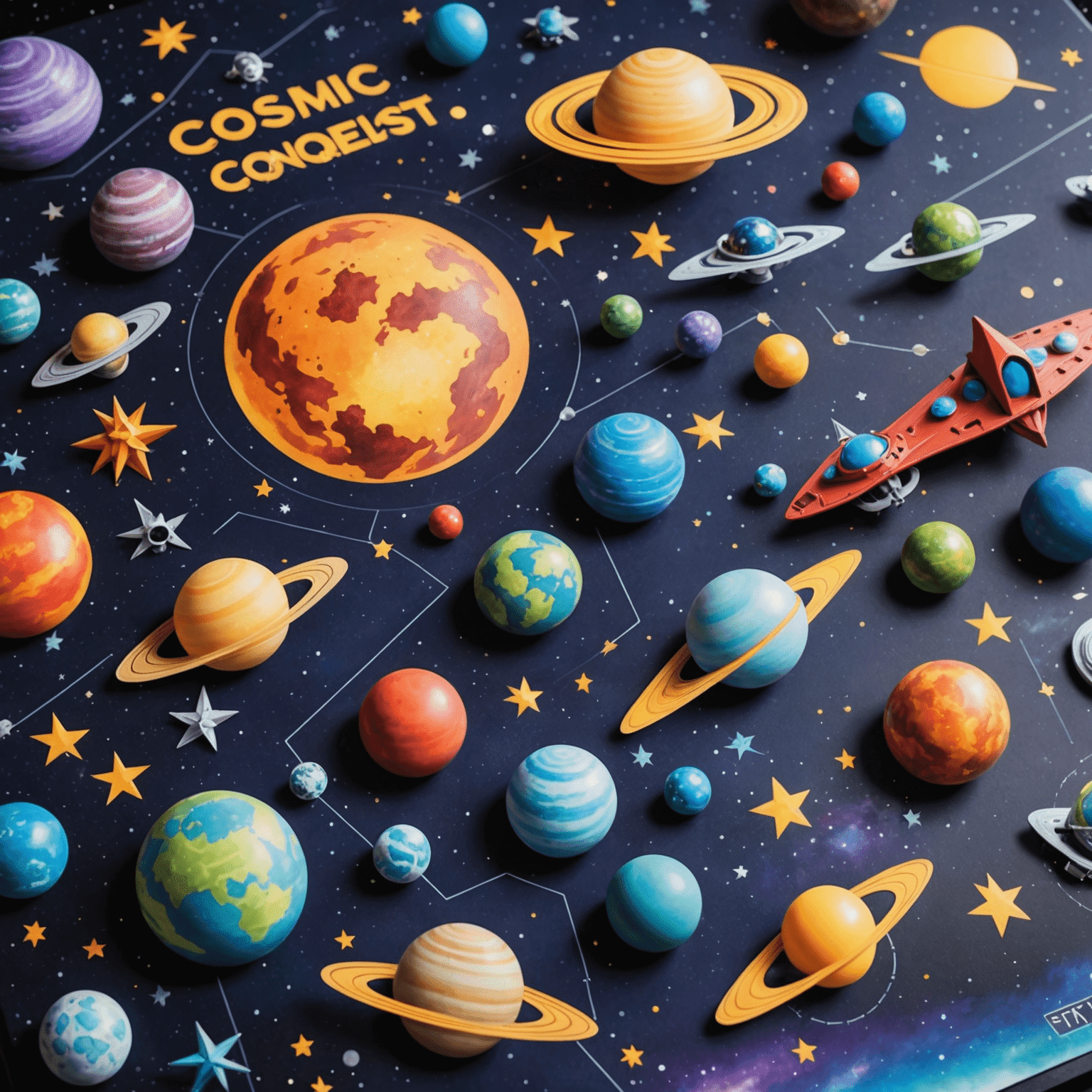 Cosmic Conquest board game featuring a starry background with colorful planets and spaceships