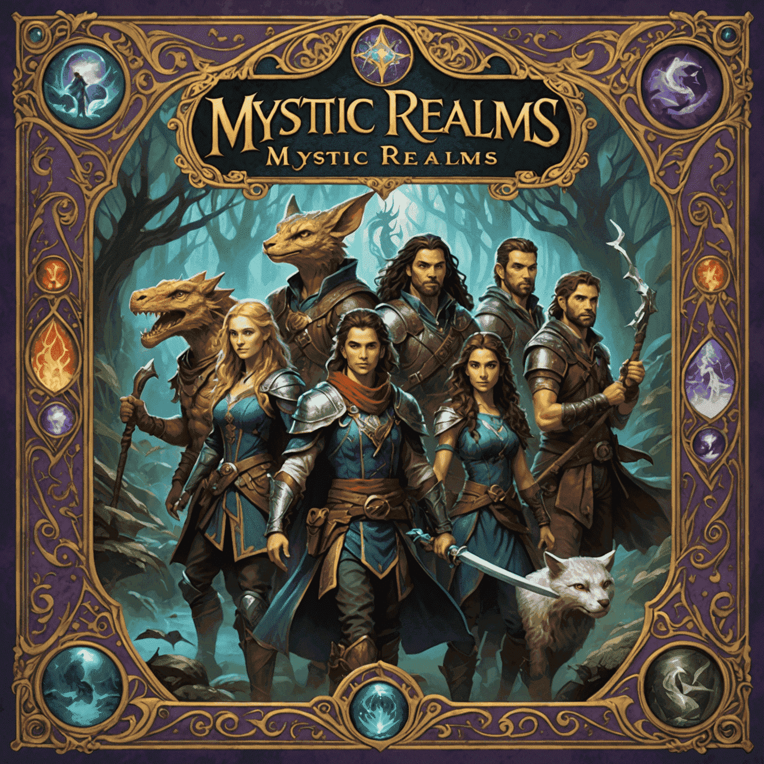 Mystic Realms game box with intricate fantasy artwork, showing a diverse group of adventurers facing magical creatures