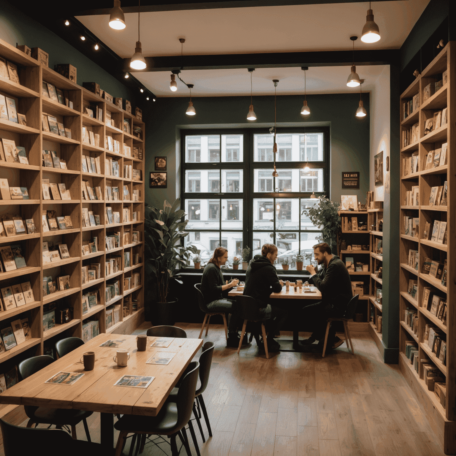 A cozy board game café in Berlin with wooden tables, shelves full of board games, and people playing games while enjoying coffee and snacks