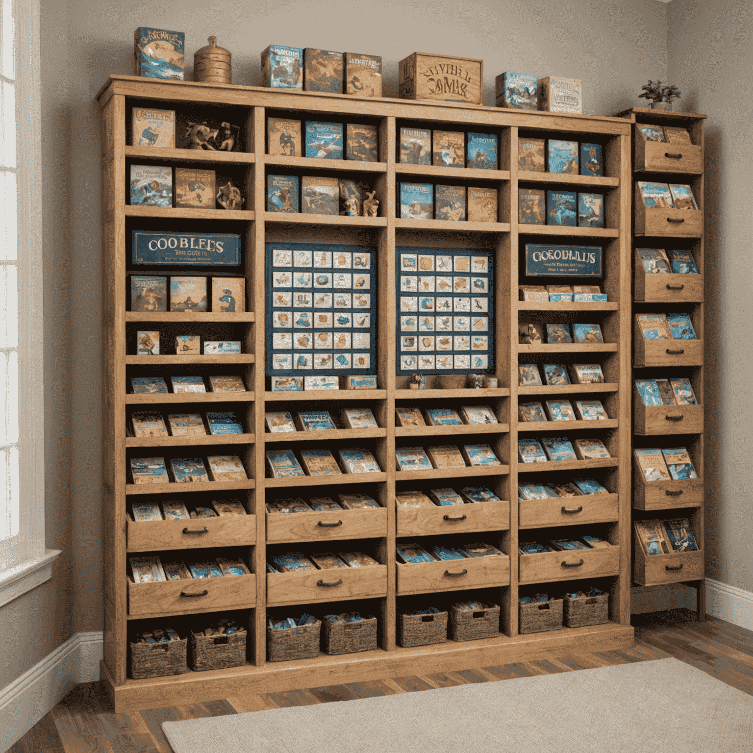 A well-organized custom board game storage system featuring shelves, drawers, and labeled compartments filled with various board games