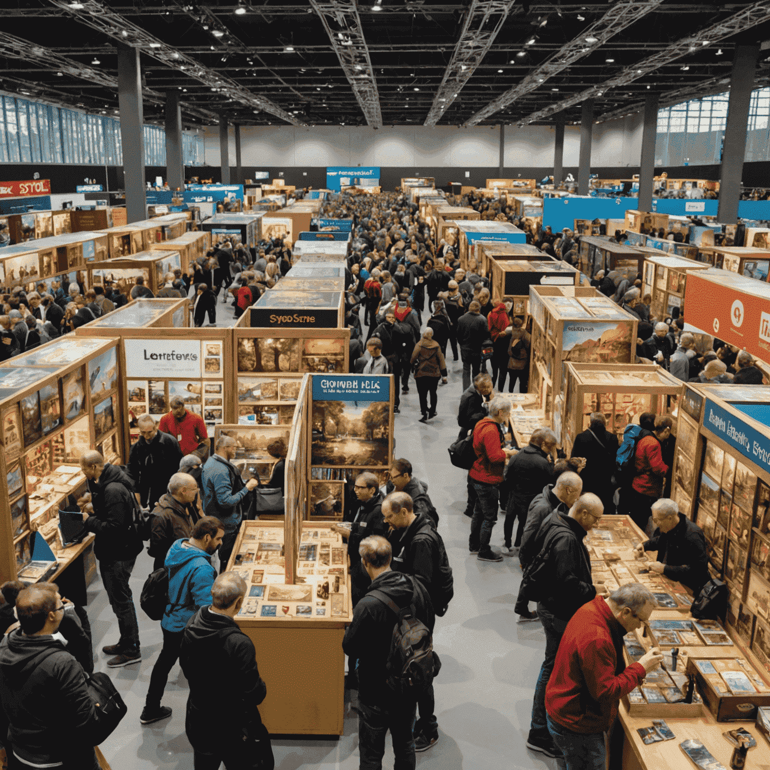 Crowded hall at Essen Spiel with numerous board game booths and excited attendees playing games