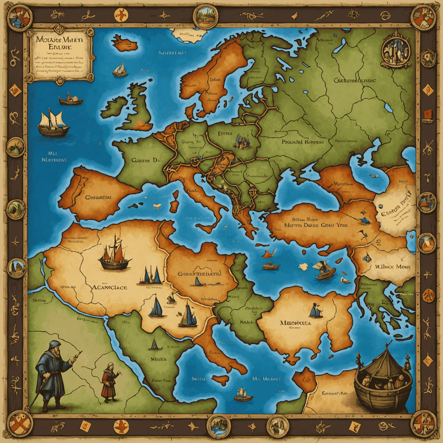 Medieval Merchants game board depicting a map of medieval Europe with trade routes and miniature merchant figures