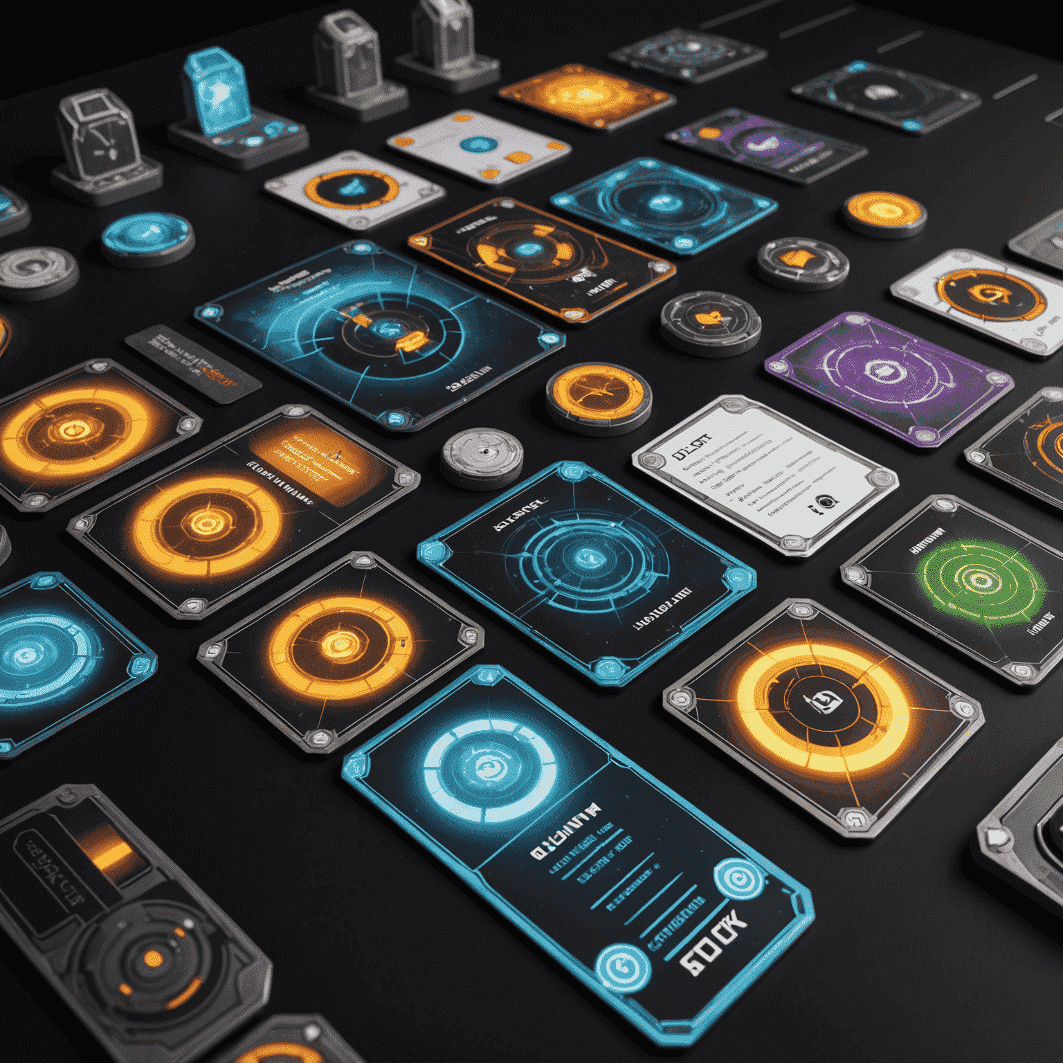 Quantum Flux game components spread out, showing futuristic time-travel themed cards, tokens, and a modular board