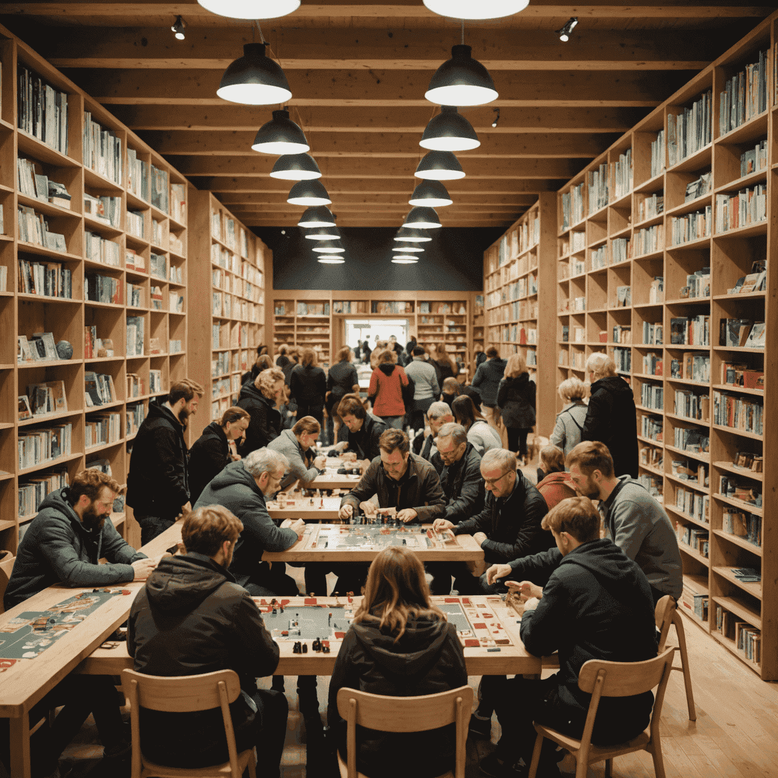 Interior of Brettspielplatz in Berlin, showing rows of shelves filled with board games and groups of people engaged in gameplay at various tables