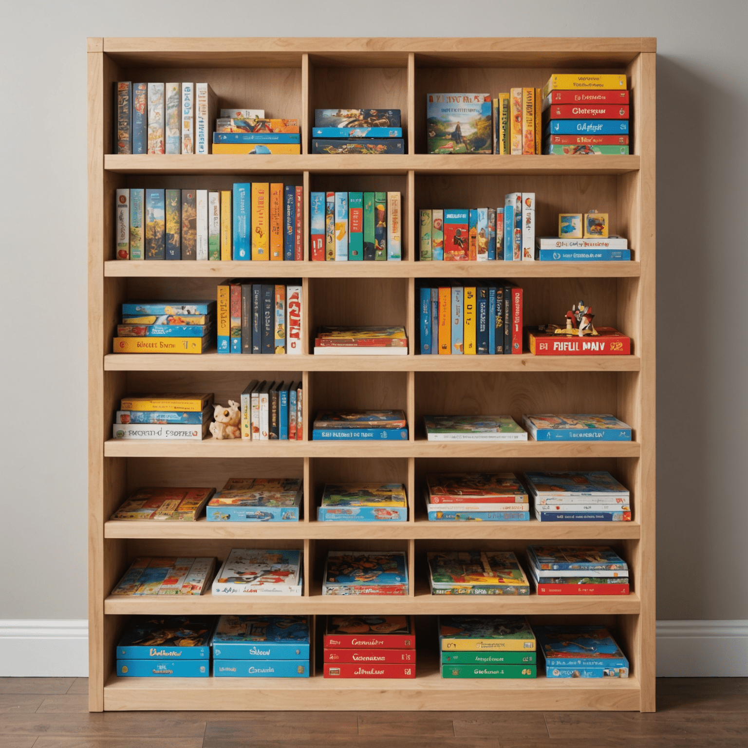 A custom-built wooden shelving unit with adjustable shelves and vertical dividers, filled with neatly organized board games