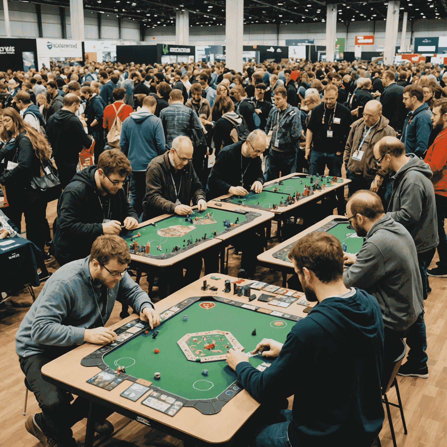 UK Games Expo hall with various gaming tables and people engaged in board game demonstrations