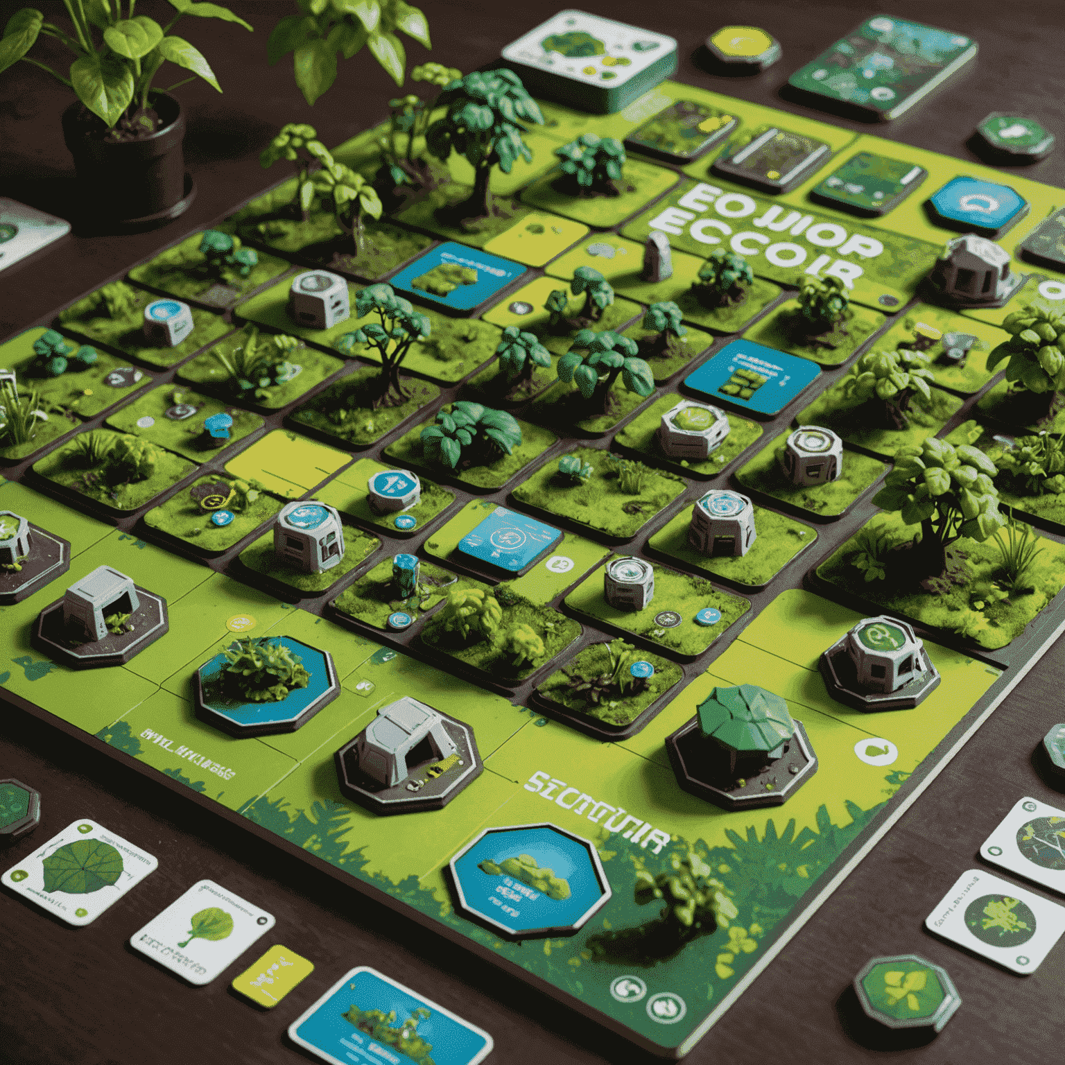 Eco Warriors game components showing a modular board with various ecosystems and eco-friendly technology tokens