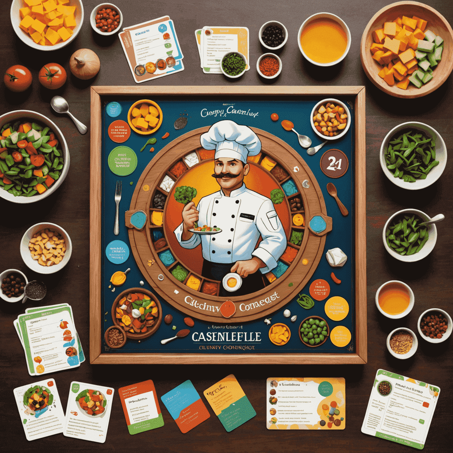 Culinary Conquest game box open, displaying colorful ingredient cards, chef meeples, and a circular main board representing different cooking stations