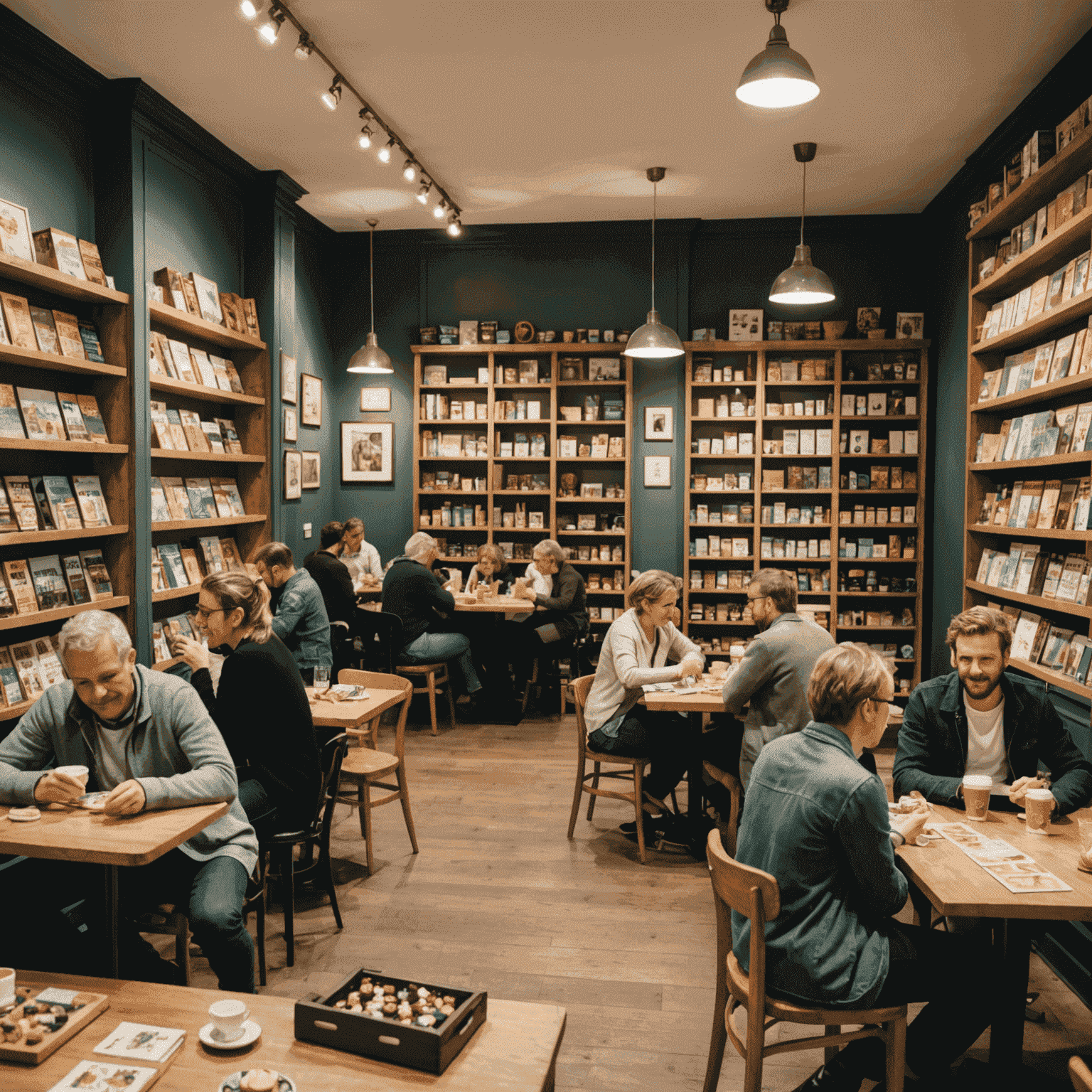 Würfel & Zucker café in Hamburg, showing patrons playing board games while enjoying coffee and cakes, with shelves of games visible in the background