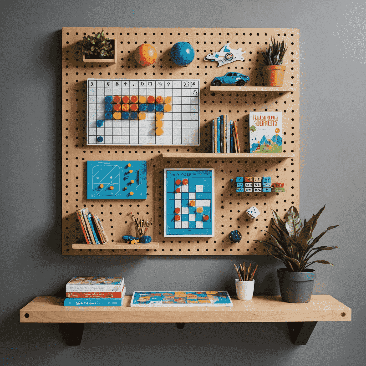 A stylish wall-mounted storage system featuring floating shelves and a pegboard, displaying board games in an artistic arrangement