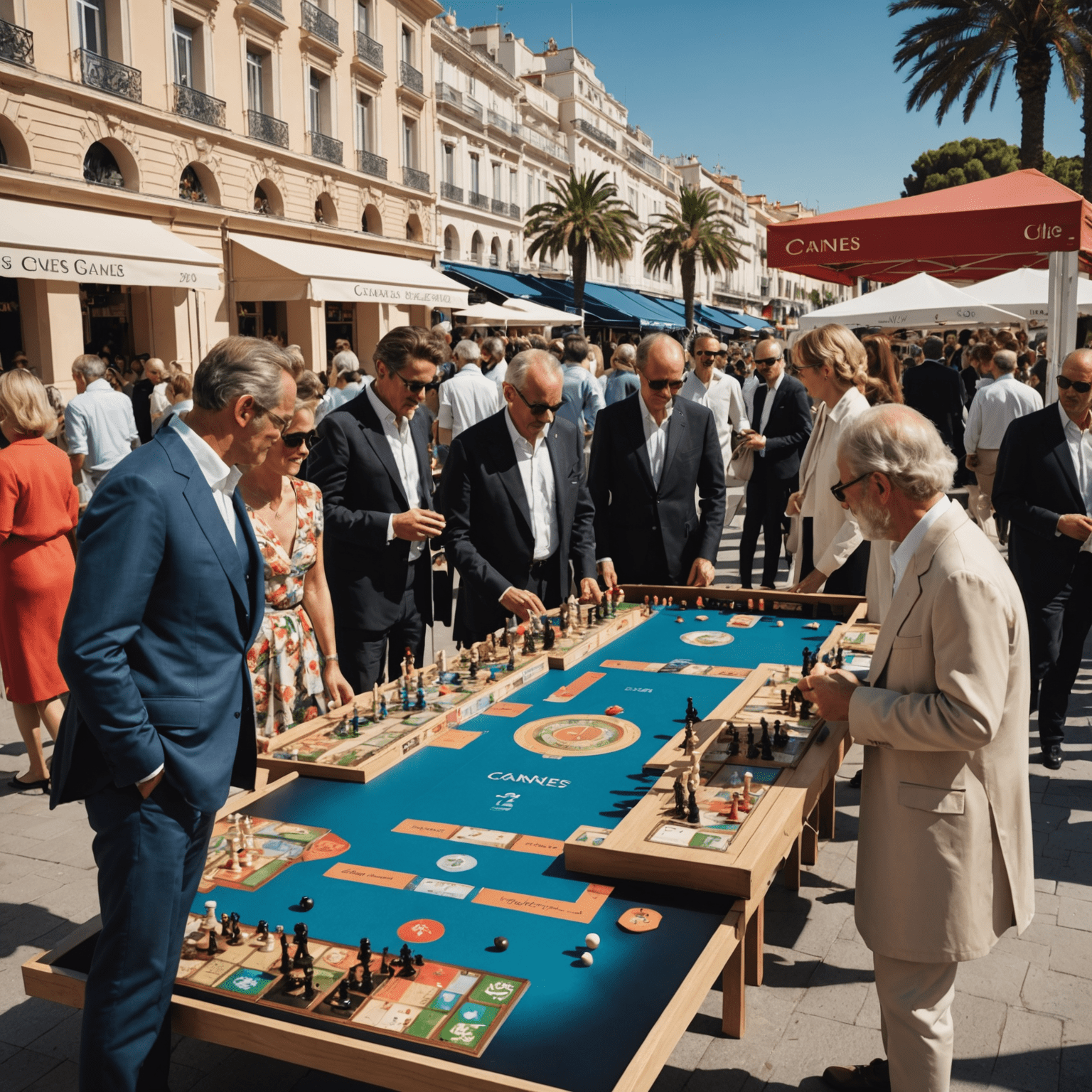 Elegant setting of the Cannes International Games Festival with board game displays and well-dressed attendees