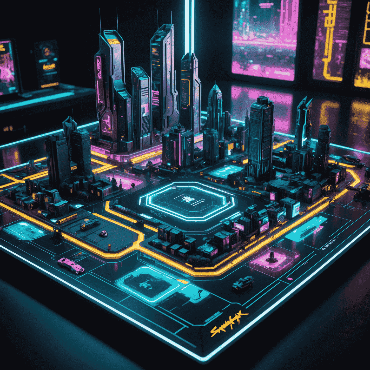 Cyberpunk 2099 game board featuring a neon-lit cityscape with holographic displays and futuristic character miniatures