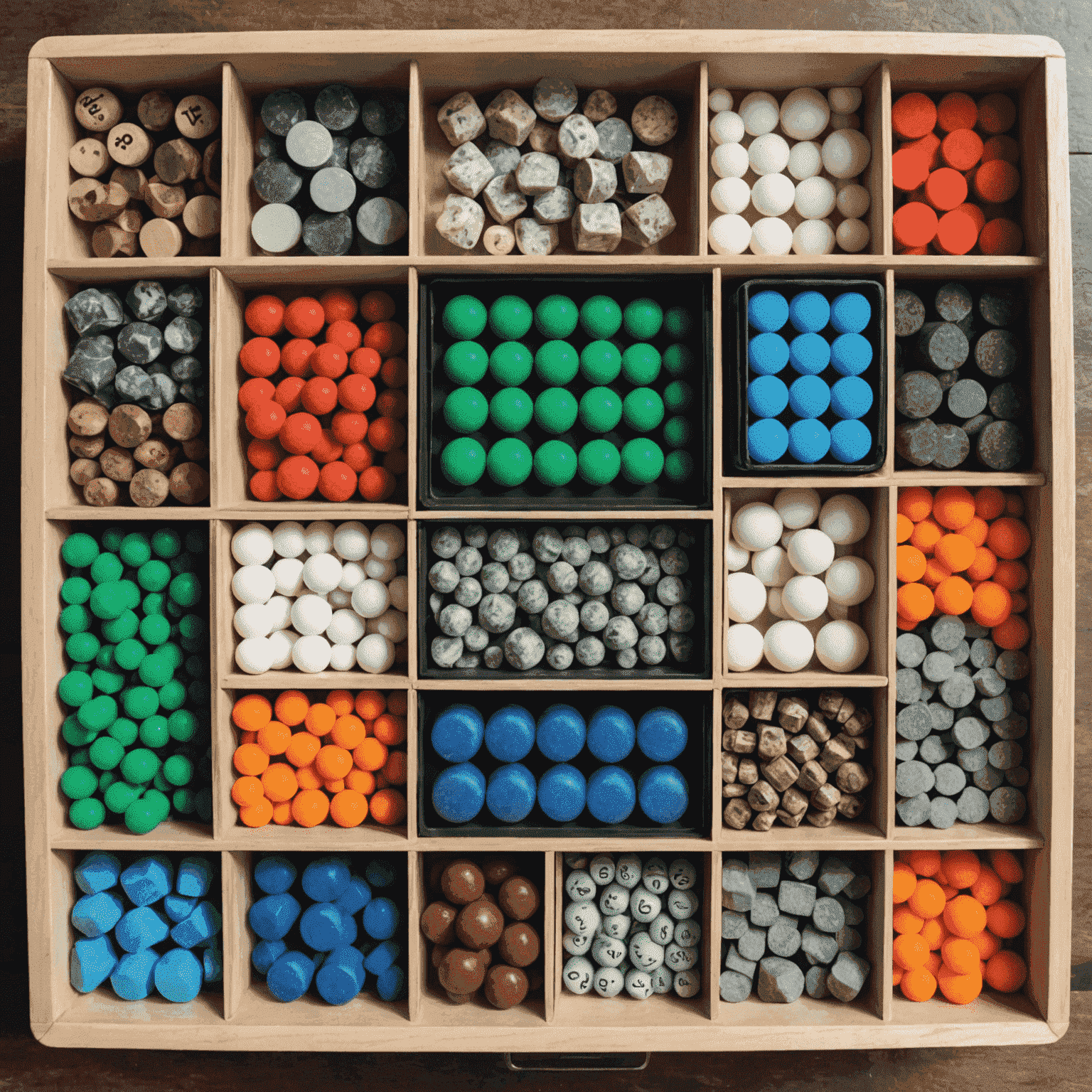 A collection of neatly organized game pieces in various small containers, tackle boxes, and custom foam inserts