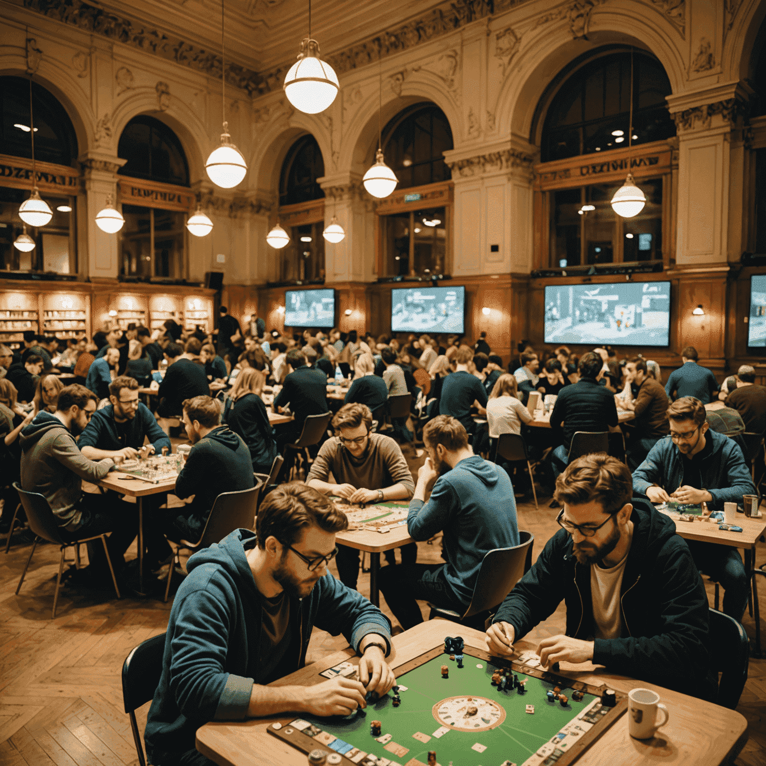 Cozy setting of the Vienna Game Festival with tables of people playing board games and indie developers showcasing their creations