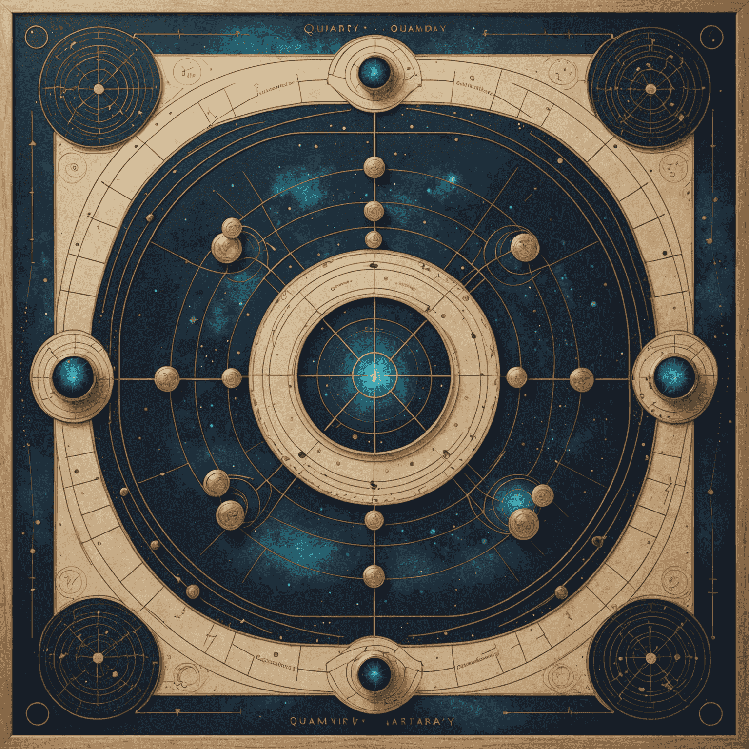 Quantum Quandary game board with abstract designs representing quantum fields and particle tokens