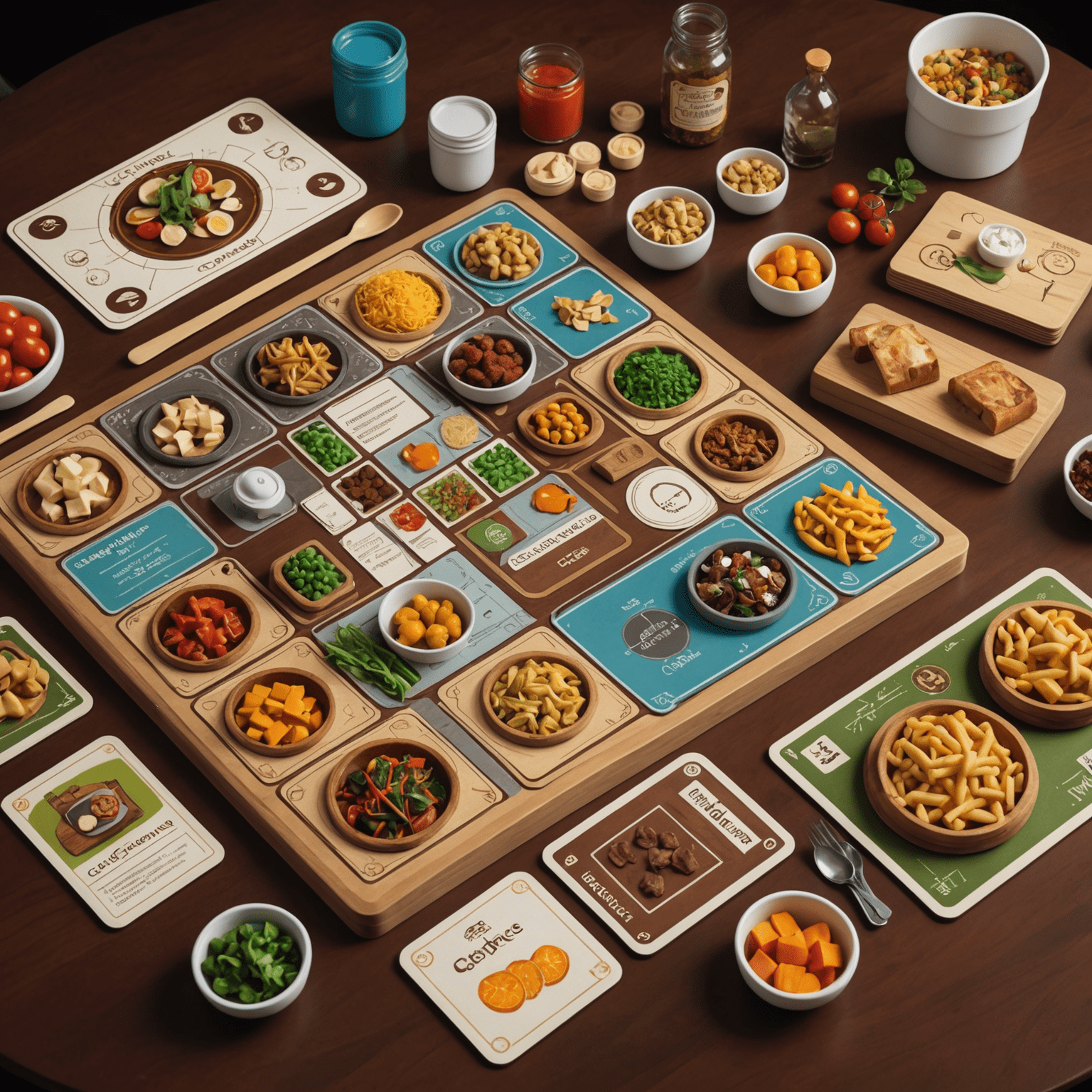 Culinary Conquest game components including a modular restaurant board, chef meeples, and ingredient cards