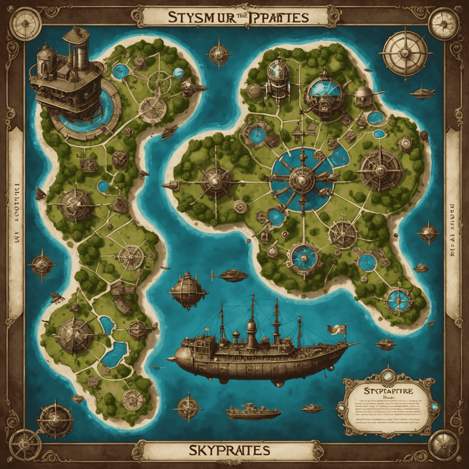 Steampunk Skypirates game board showing a map of floating islands with steampunk airship miniatures