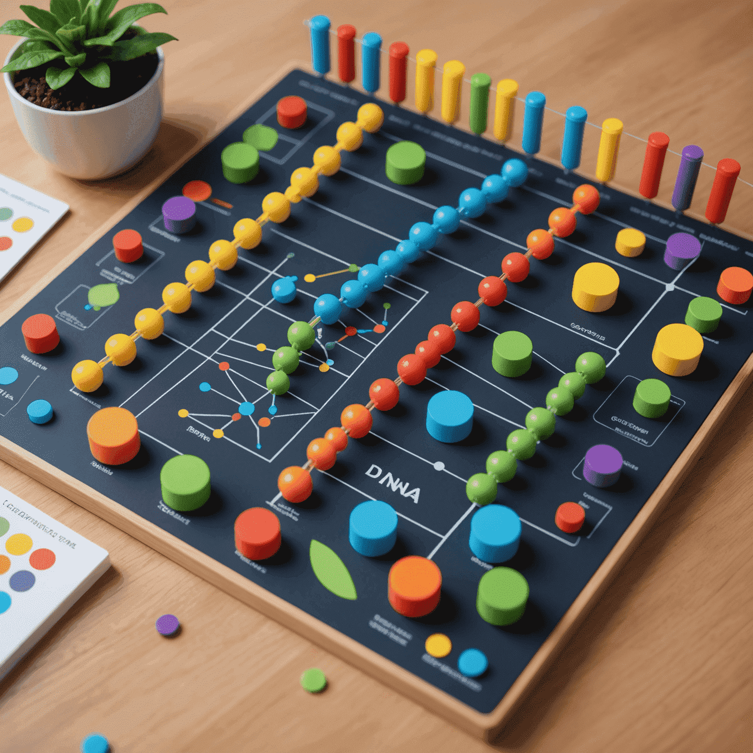 Genetic Genesis game setup with a modular ecosystem board and colorful DNA strand pieces