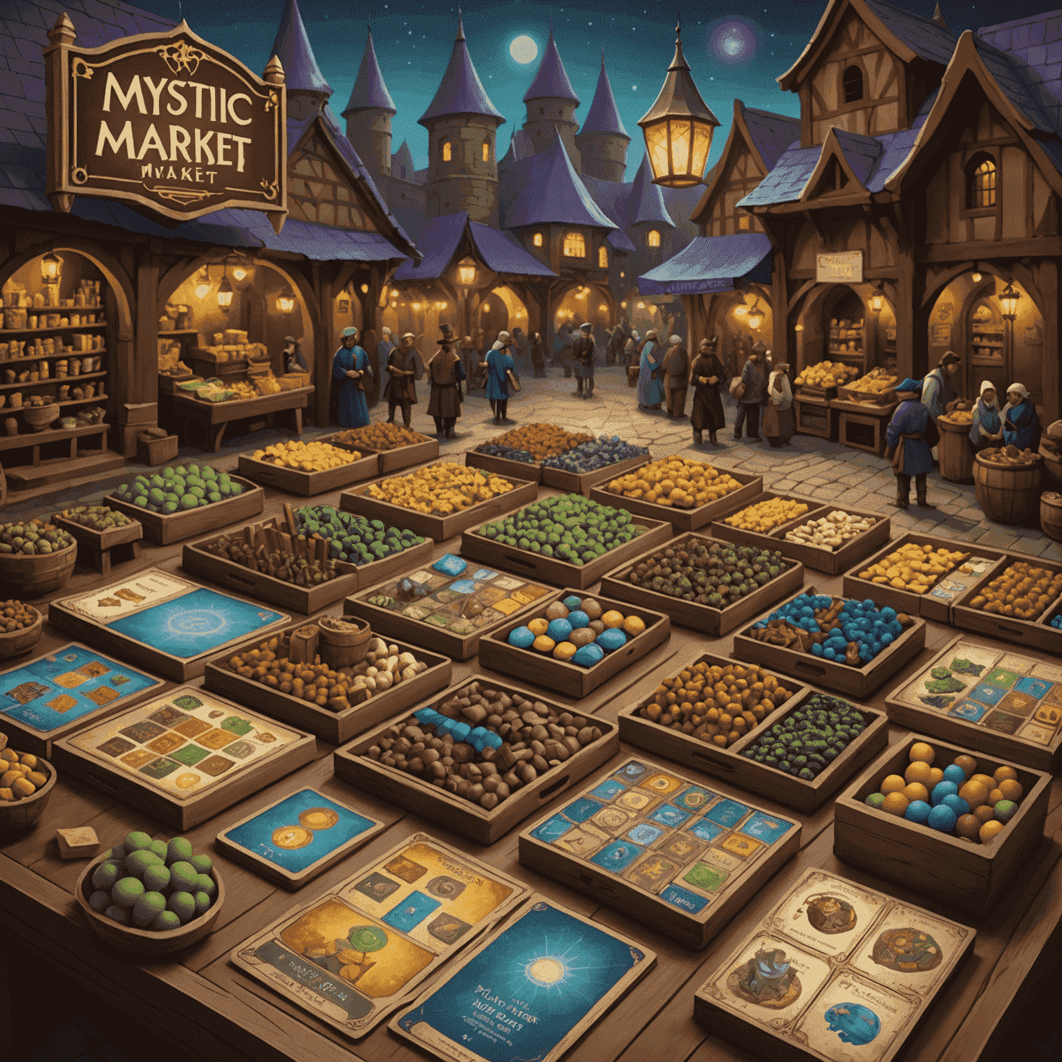 Mystic Market game board depicting a magical bazaar with stalls, magical item cards, and wizard meeples